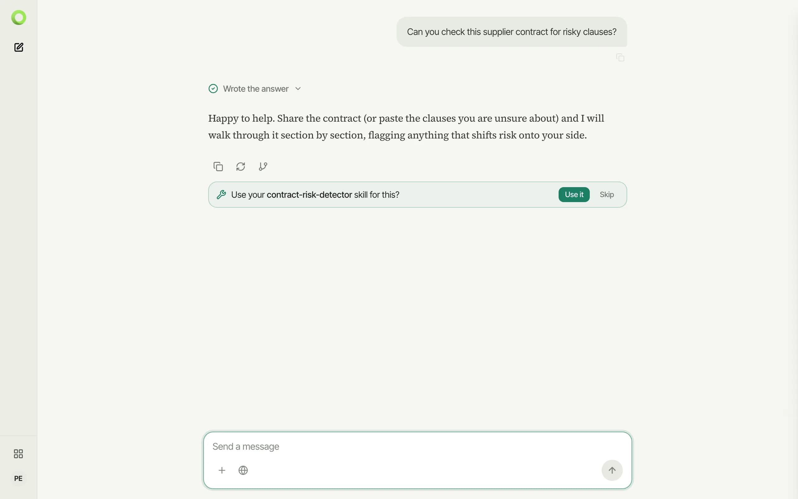 An assistant answer with a card asking to use the contract-risk-detector skill