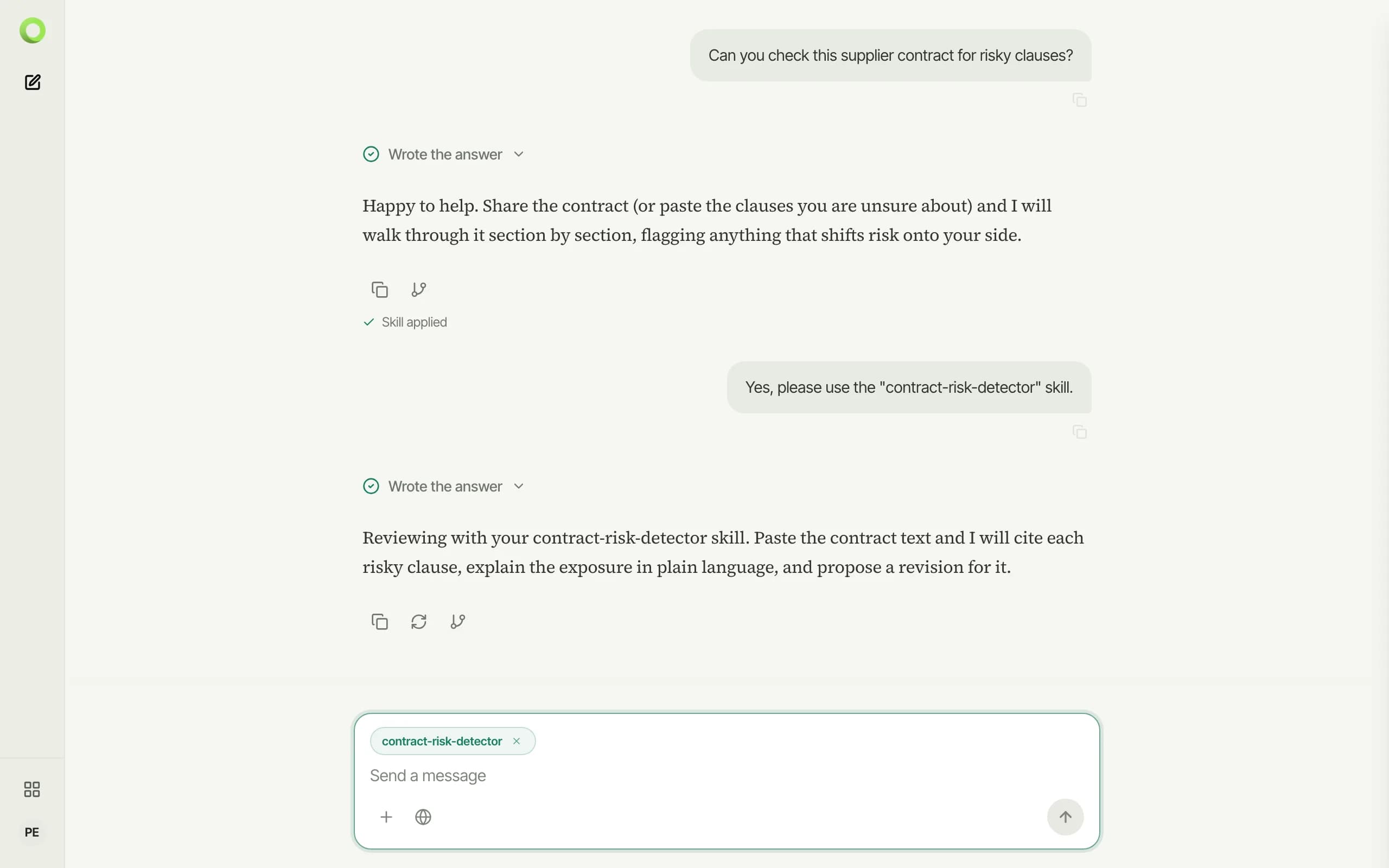 The conversation after accepting: a "Skill applied" marker, the skilled answer, and the active-skill chip in the composer
