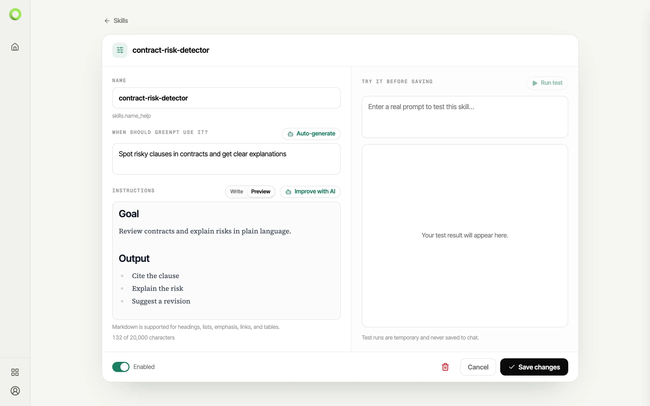 A skill's detail view with rendered instructions and the test panel